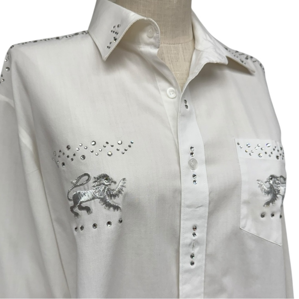 Vintage Button Down Shirt Medium, White Rhinestone Lion Embroidery Bling